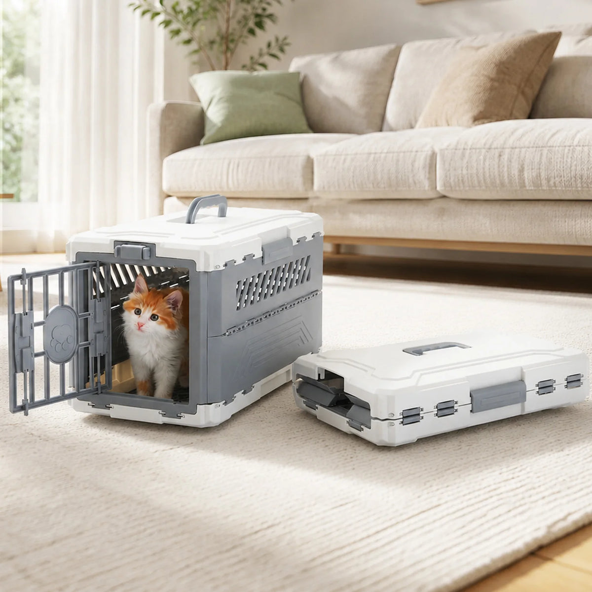 Foldable Pet Carrier, Collapsible Cat Dog Travel Crate with Secure Lock Door, Anti-Slip Mat, Portable Small Animal Kennel for Travel