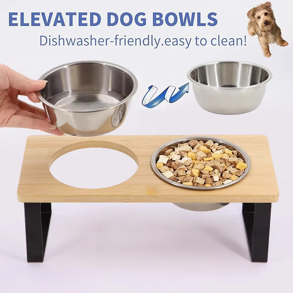 Stainless Steel Elevated Cat Food Bowl Set With Wooden Stand