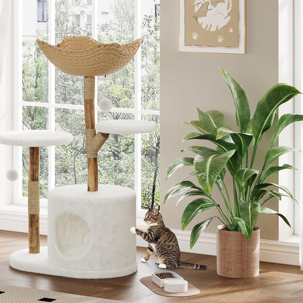 Wooden Cat Tree Tower With Rattan Perches Activity Center