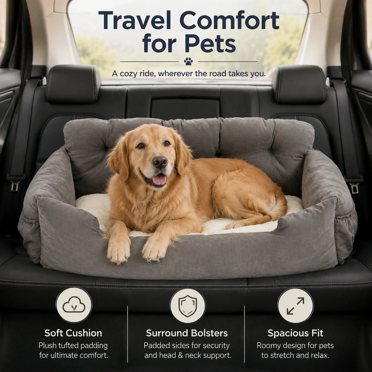 Portable Pet Car Seat With Safety Leash Storage Pockets