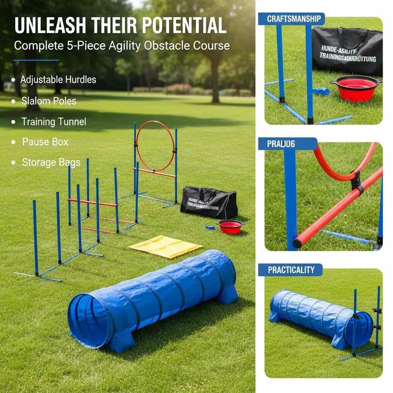 Dog agility training equipment, 5-piece set with adjustable high hurdles, 6 slalom poles, tunnel, jump ring, rest box, whistle, collapsible bowl, obstacle course set for puppies with storage bags