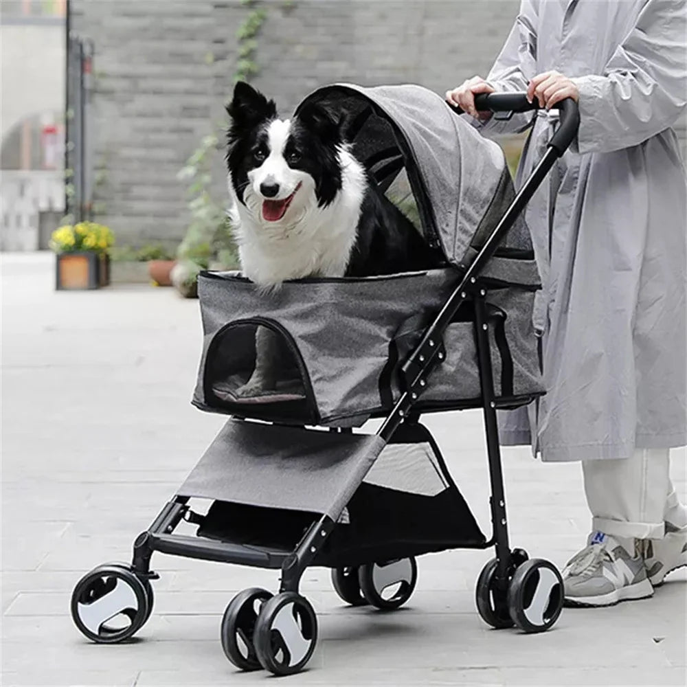 Foldable Pet Dog and Cat Travel Stroller With Storage Basket