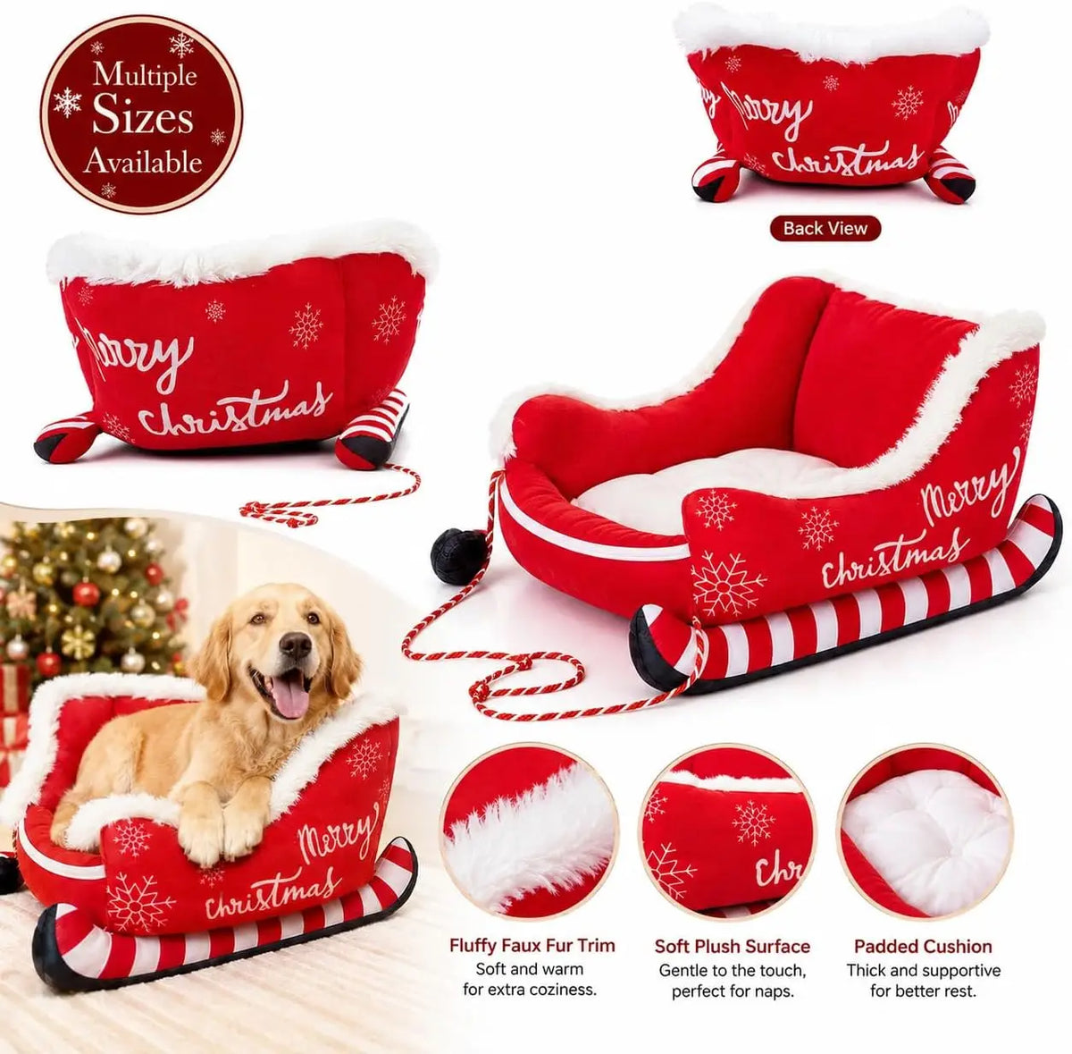 Christmas Dog Bed Sleigh, Santa Themed Calming Pet Sofa with Raised Sides, Soft Plush Winter Dog Sleigh Bed, Washable for Pets (Large)