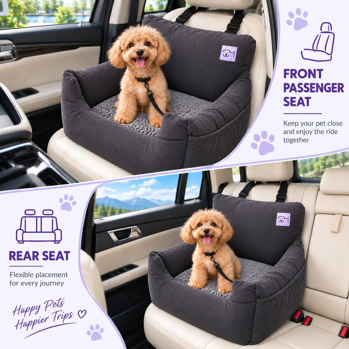 Wild Mirth Dog  Booster Car Seat & Portable Dog Bed, Portable & Washable, Anti-Slip Bottom, Storage Pockets, Safety Clip & Straps