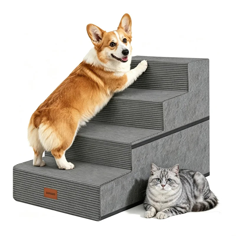3/4/5 Steps Foldable Dog Stairs for Small & Medium Dogs, High-Density Foam Non-Slip Indoor Pet Steps for Bed, Sofa & Chair, Washable Removable Cover