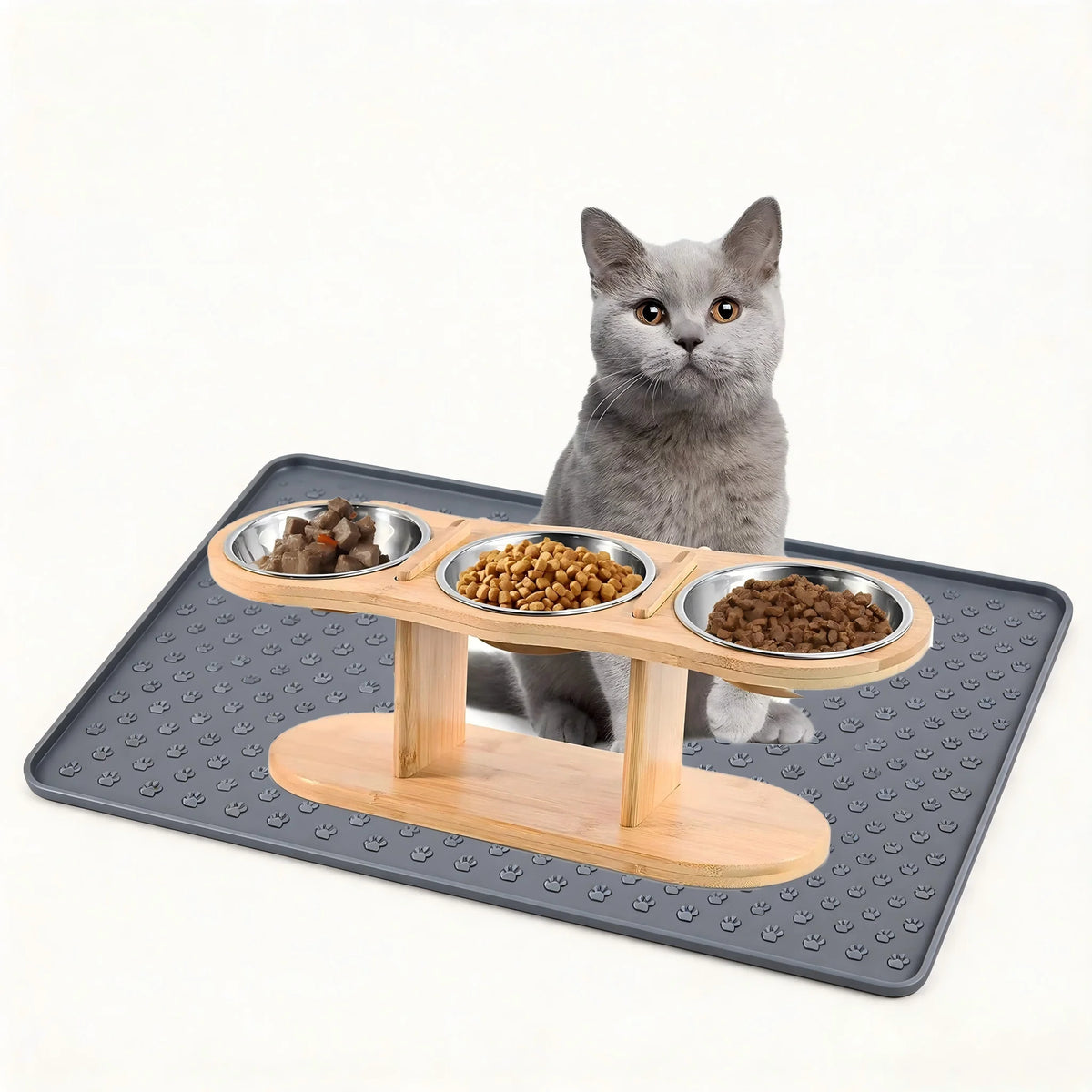 Elevated Wooden Cat Feeder With Three Stainless Steel Bowls