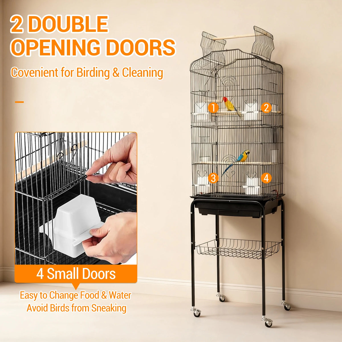 HiMISS Large Bird Cage With Rolling Stand And Storage Shelf