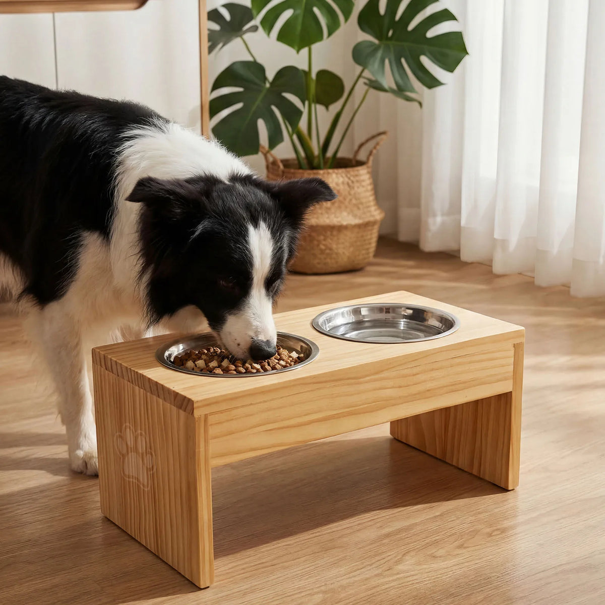 Wooden Elevated Dog Bowls With Stainless Steel Double Bowls