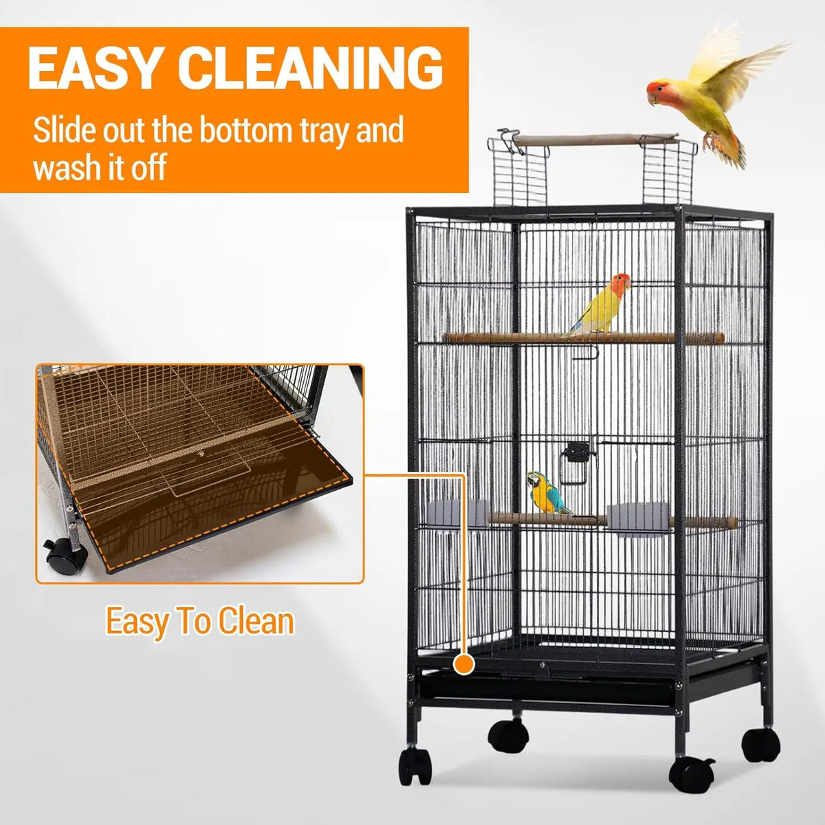 Studyset Stainless Steel Bird Cage With Rolling Stand And Feeder