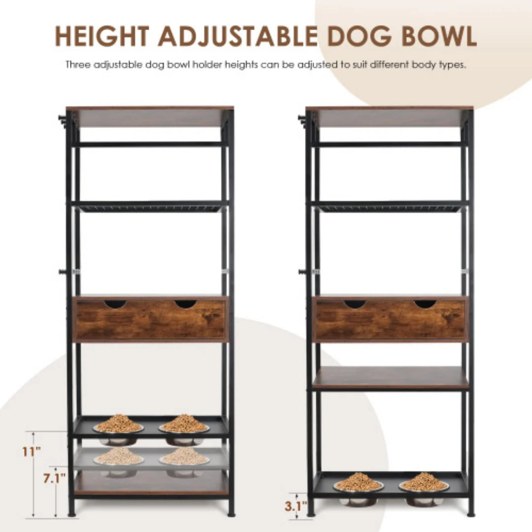 Elevated Dog Feeding Station With Adjustable Bowls And Storage Cabinet