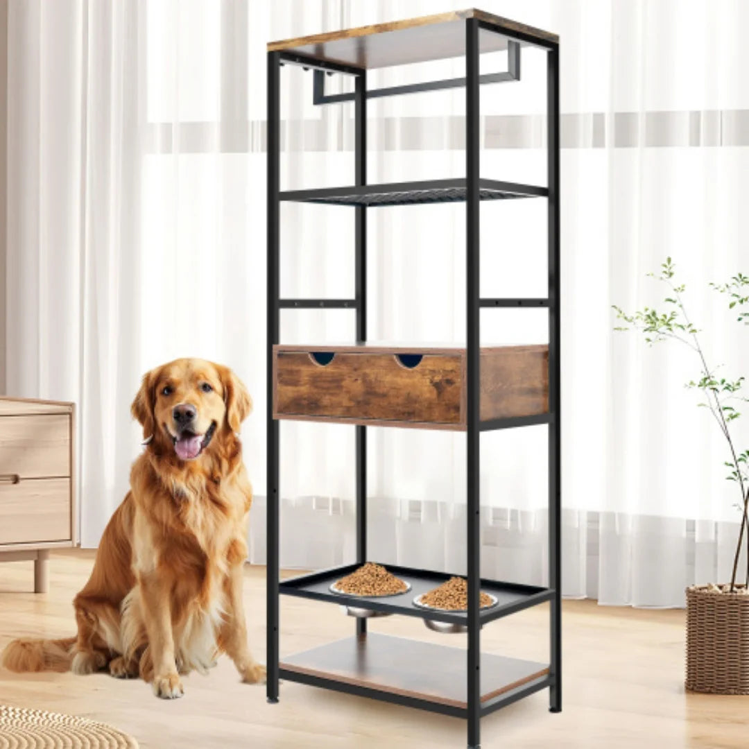 Elevated Dog Feeding Station With Adjustable Bowls And Storage Cabinet