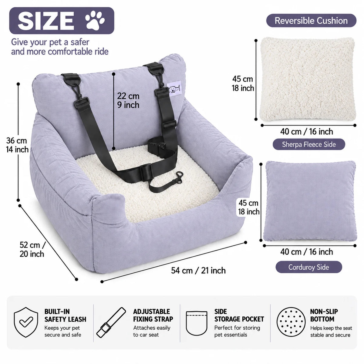 Wild Mirth Dog  Booster Car Seat & Portable Dog Bed, Portable & Washable, Anti-Slip Bottom, Storage Pockets, Safety Clip & Straps