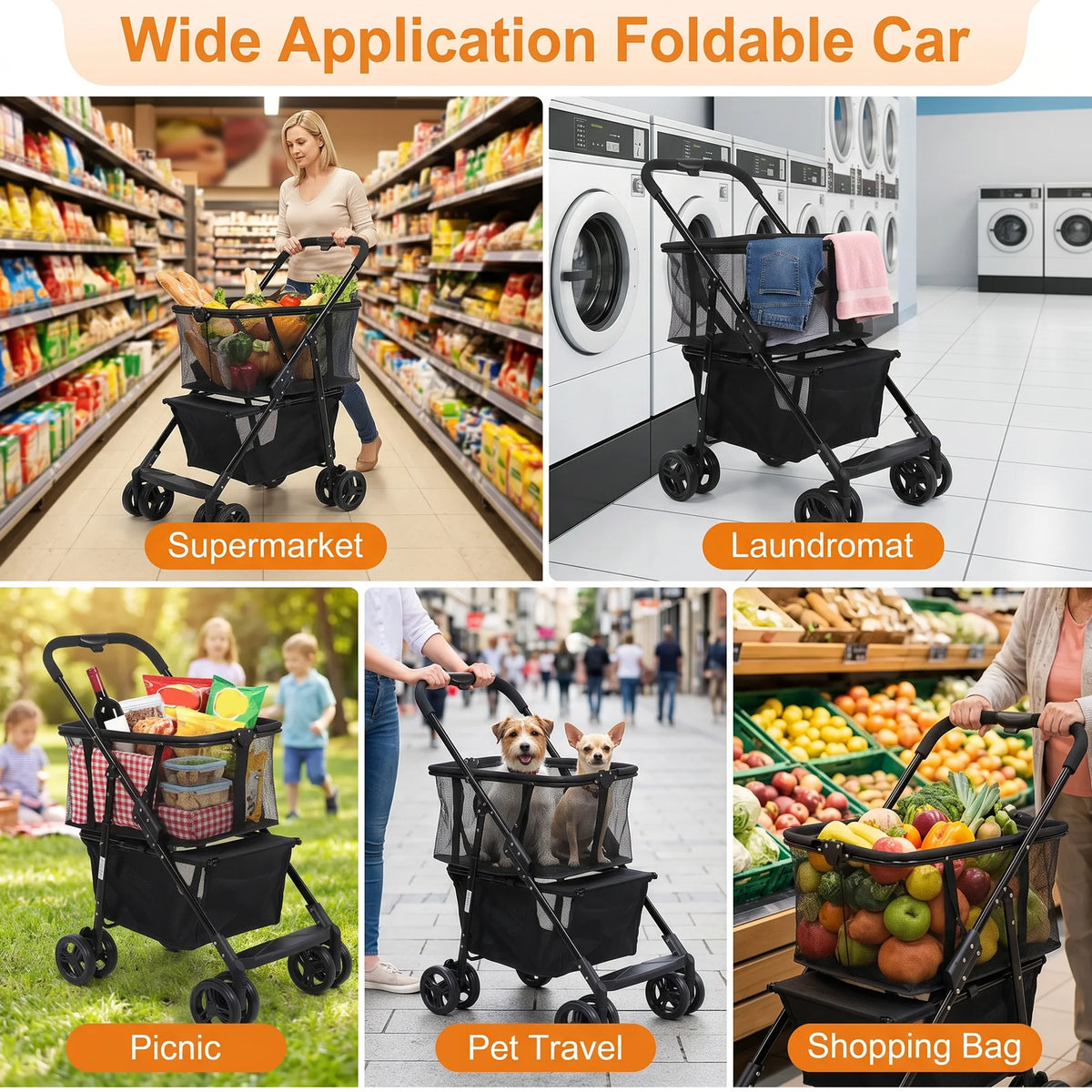 Cat Dog Pet Stroller Folding Shopping Cart 110LBS Load Capacity Detachable Hand Basket 2-Layer 360° Swivel Wheels with Brakes
