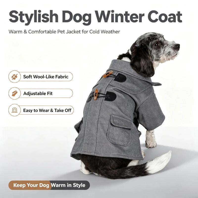 Static Rivited Fashion Collared Wool Pet Coat,Vintage Horn Button Wool Blend Dog Coat Thick Warm Two‑leg Pet Jacket Turn‑down Collar Pocket Design Windproof Cold‑Resistant Outfit for Medium Small Dogs Autumn Winter Outd