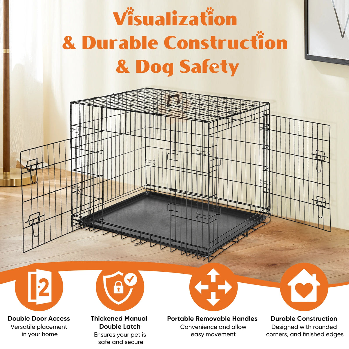 JHK Double Door Folding Metal Wire Dog Kennel Leakproof Tray