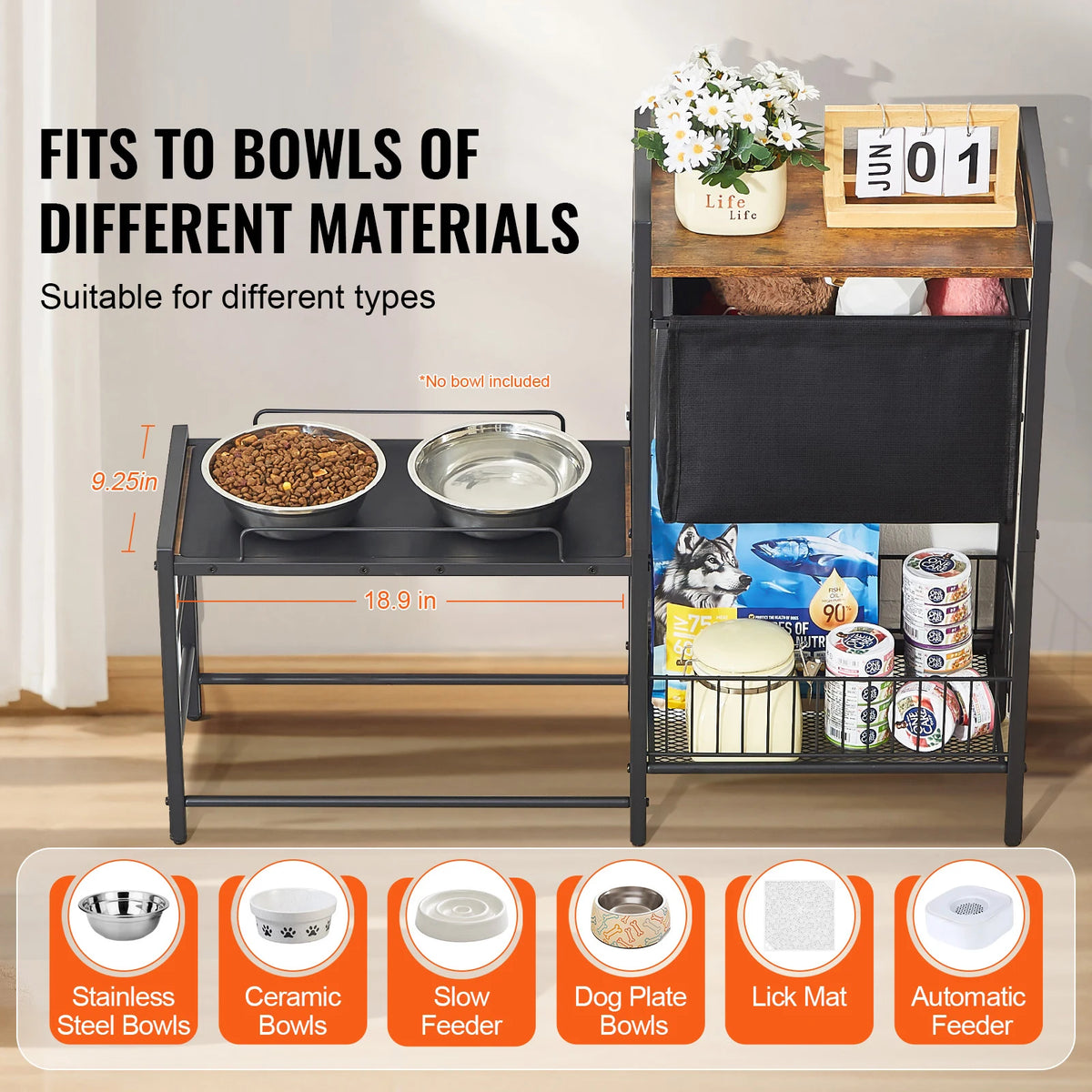Elevated Dog Bowls With Storage Shelf And Toy Organizer