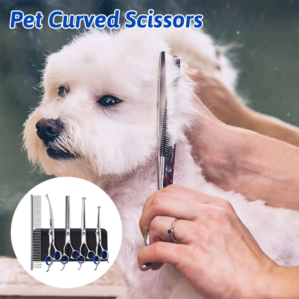 7-in-1 Professional Dog Grooming Scissors Set Stainless Steel Pet Clippers with Ceramic Coating Ergonomic Handle Safe round Tips And Storage Case