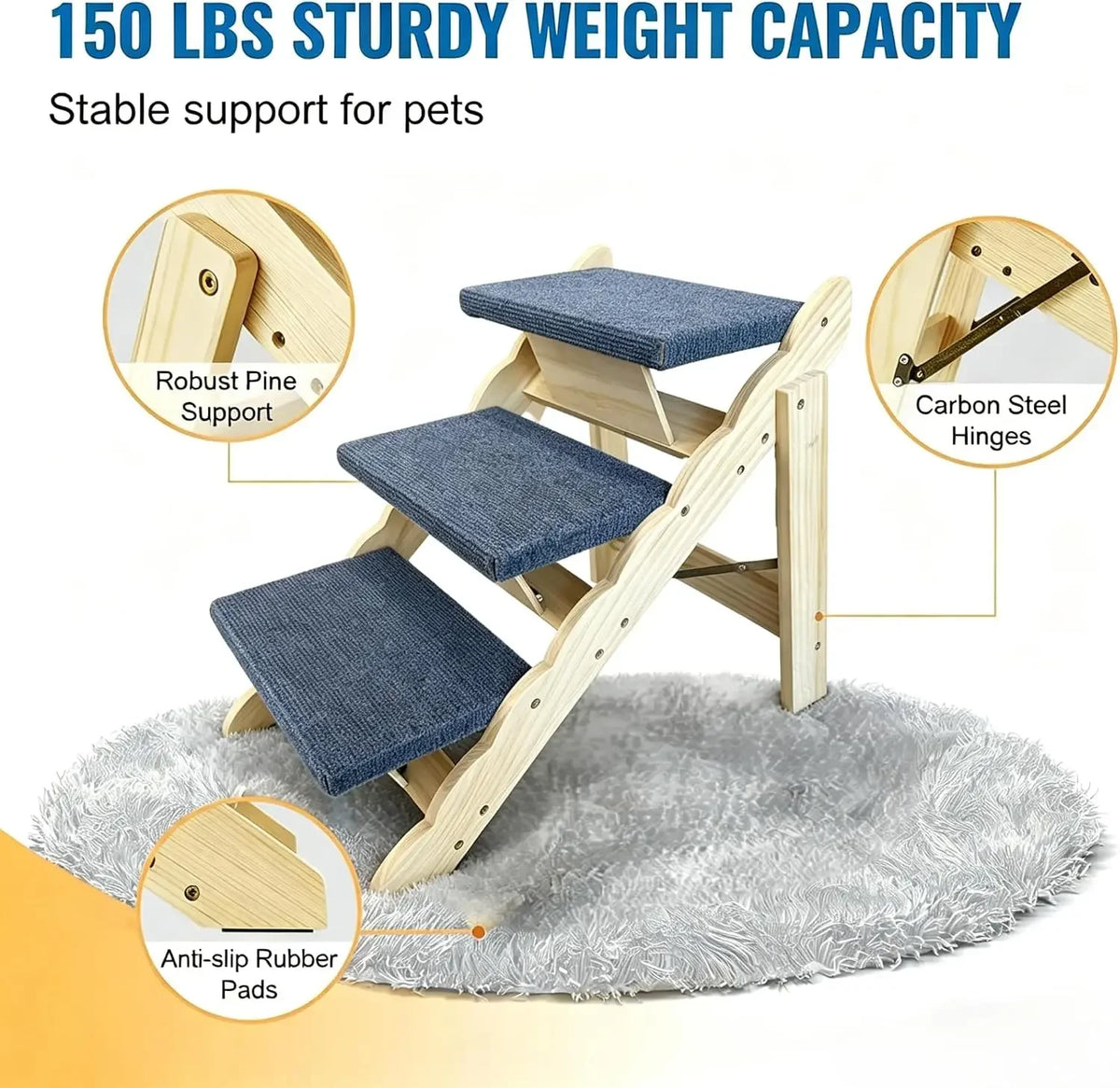 Garvee 2 in 1 3-Step Wooden Dog Stairs for Bed, Couch, Car Non-Slip Pet Steps for Dogs Puppy Ramp Folds Flat Perfect for Medium and Small Dogs Cats Holds 150 lbs