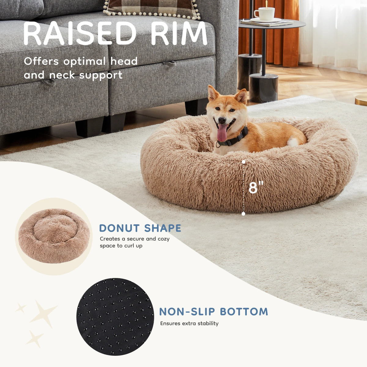 MCQ Round Plush Faux Fur Machine Washable Orthopedic Dog Bed