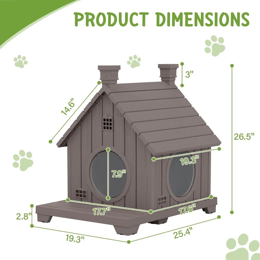 Outdoor Cat House Weatherproof, Durable Resin Cat Houses for Outdoor Indoor Cats, Litter Box Enclosure with Elevated Base, Cat Bed with Anti-Slip Pad, Ventilation,