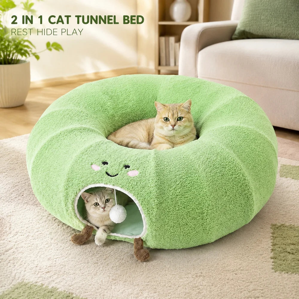 Convertible Cat Tunnel Bed With Plush Donut Cushion Play Hideaway