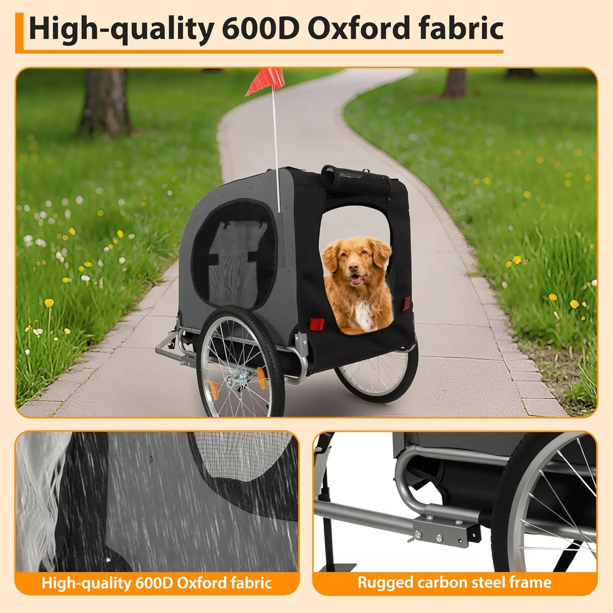 Dog Bike Trailer & Jogging Stroller, Collapsible Frame for Medium/Large Dogs up to 88lbs - Ventilated, Waterproof, Quick-Release Aluminum Wheels, Compatible Hitch