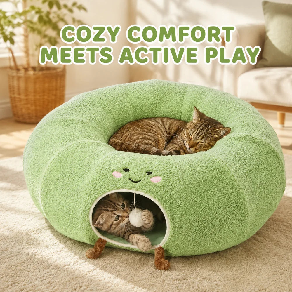 Convertible Cat Tunnel Bed With Plush Donut Cushion Play Hideaway