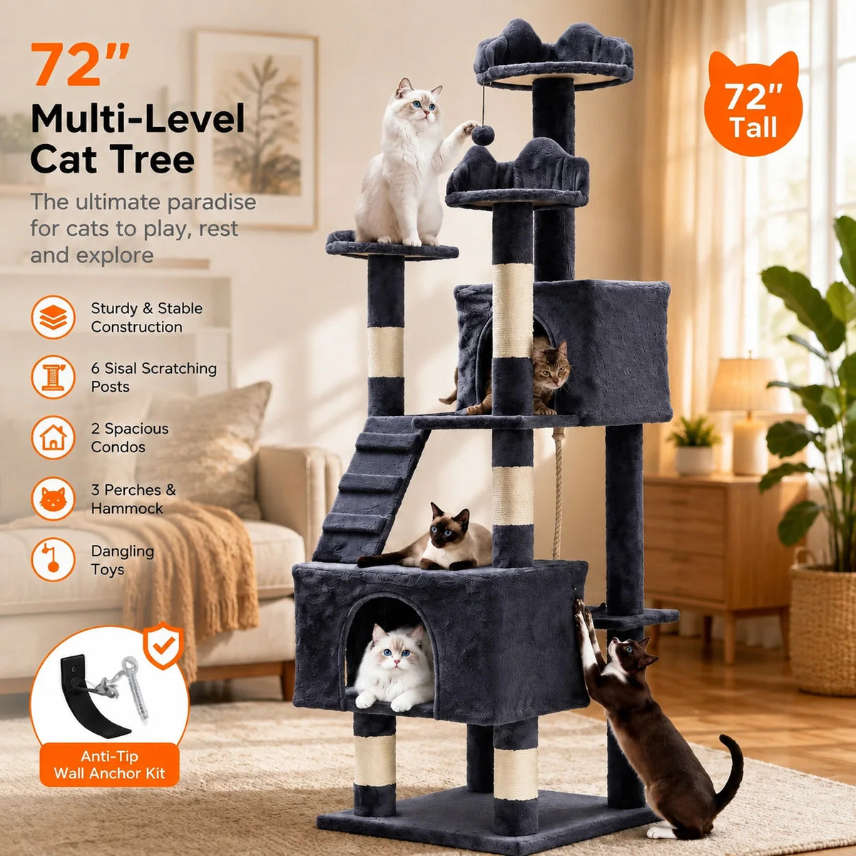 HOSSLLY Multi Level Cat Tree Tower With Scratching Posts Hammock