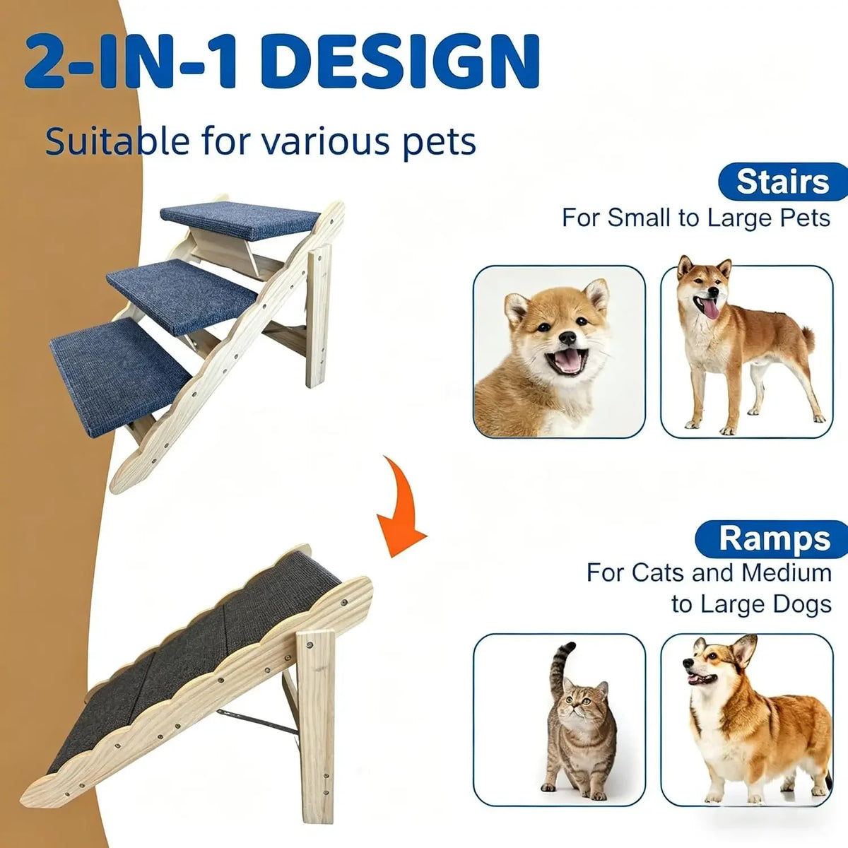 Garvee 2 in 1 3-Step Wooden Dog Stairs for Bed, Couch, Car Non-Slip Pet Steps for Dogs Puppy Ramp Folds Flat Perfect for Medium and Small Dogs Cats Holds 150 lbs