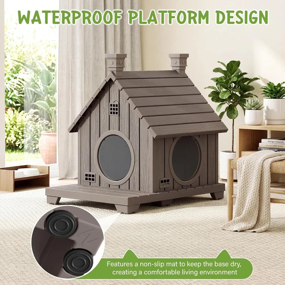 Outdoor Cat House Weatherproof, Durable Resin Cat Houses for Outdoor Indoor Cats, Litter Box Enclosure with Elevated Base, Cat Bed with Anti-Slip Pad, Ventilation,