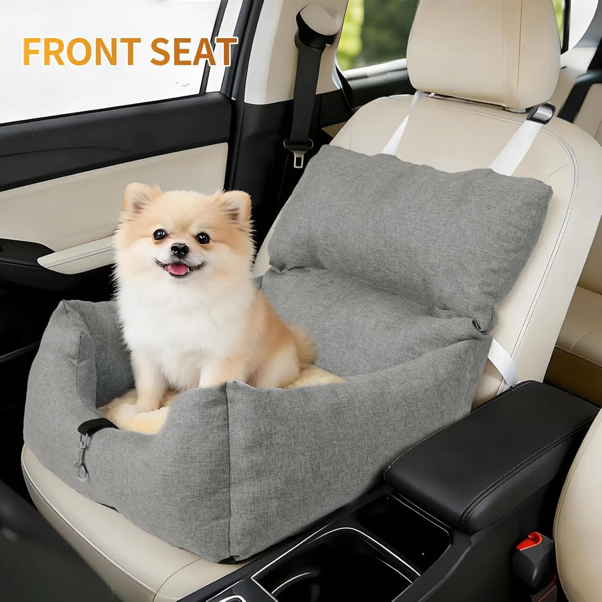 Elevated Dog Booster Car Seat Bed, Grey, 60x45x50 cm, Small Dogs up to 18 lb, Portable Travel Seat with Safety Tether, Washable Reversible Cushion Front/Back Seat