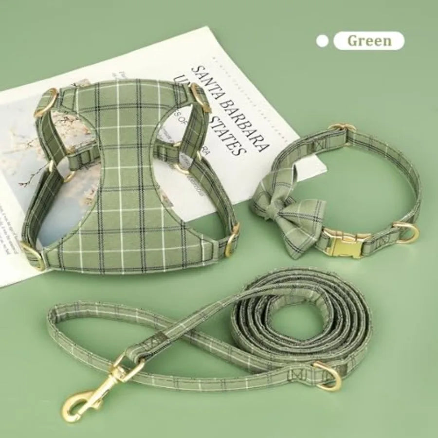 Adjustable Dog Harness Collar And Leash Set With Bowtie