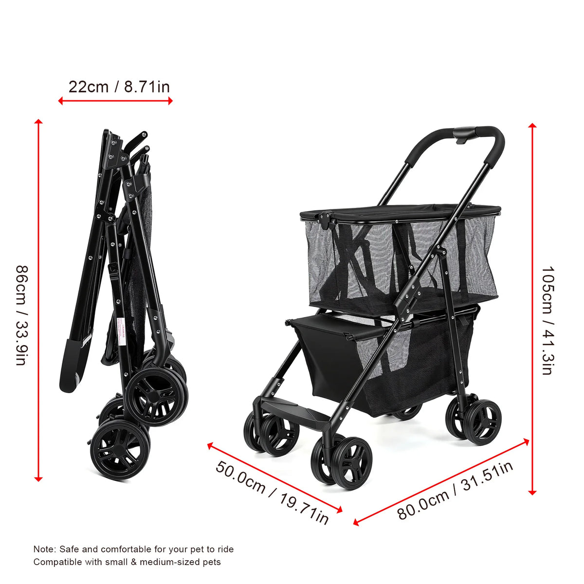 Cat Dog Pet Stroller Folding Shopping Cart 110LBS Load Capacity Detachable Hand Basket 2-Layer 360° Swivel Wheels with Brakes