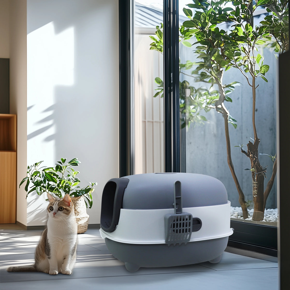 Hooded Enclosed Cat Litter Box With Scoop And Front Entry