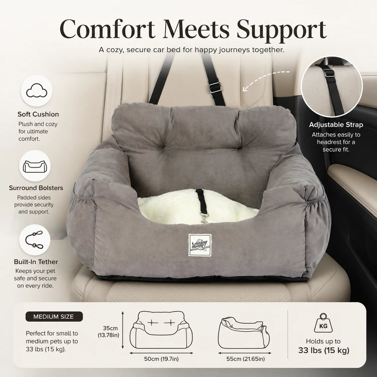 Adjustable Pet Car Seat Bed With Integrated Safety Tether