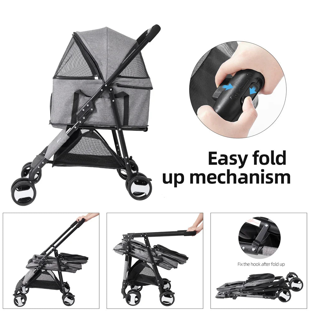 Foldable Pet Dog and Cat Travel Stroller With Storage Basket