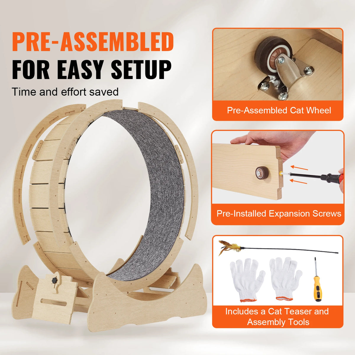 Premium Wooden Cat Treadmill Wheel With Removable Carpet Surface
