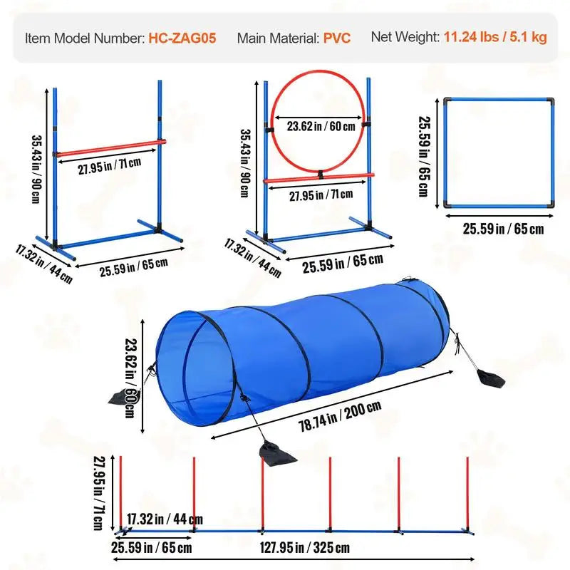 Dog agility training equipment, 5-piece set with adjustable high hurdles, 6 slalom poles, tunnel, jump ring, rest box, whistle, collapsible bowl, obstacle course set for puppies with storage bags