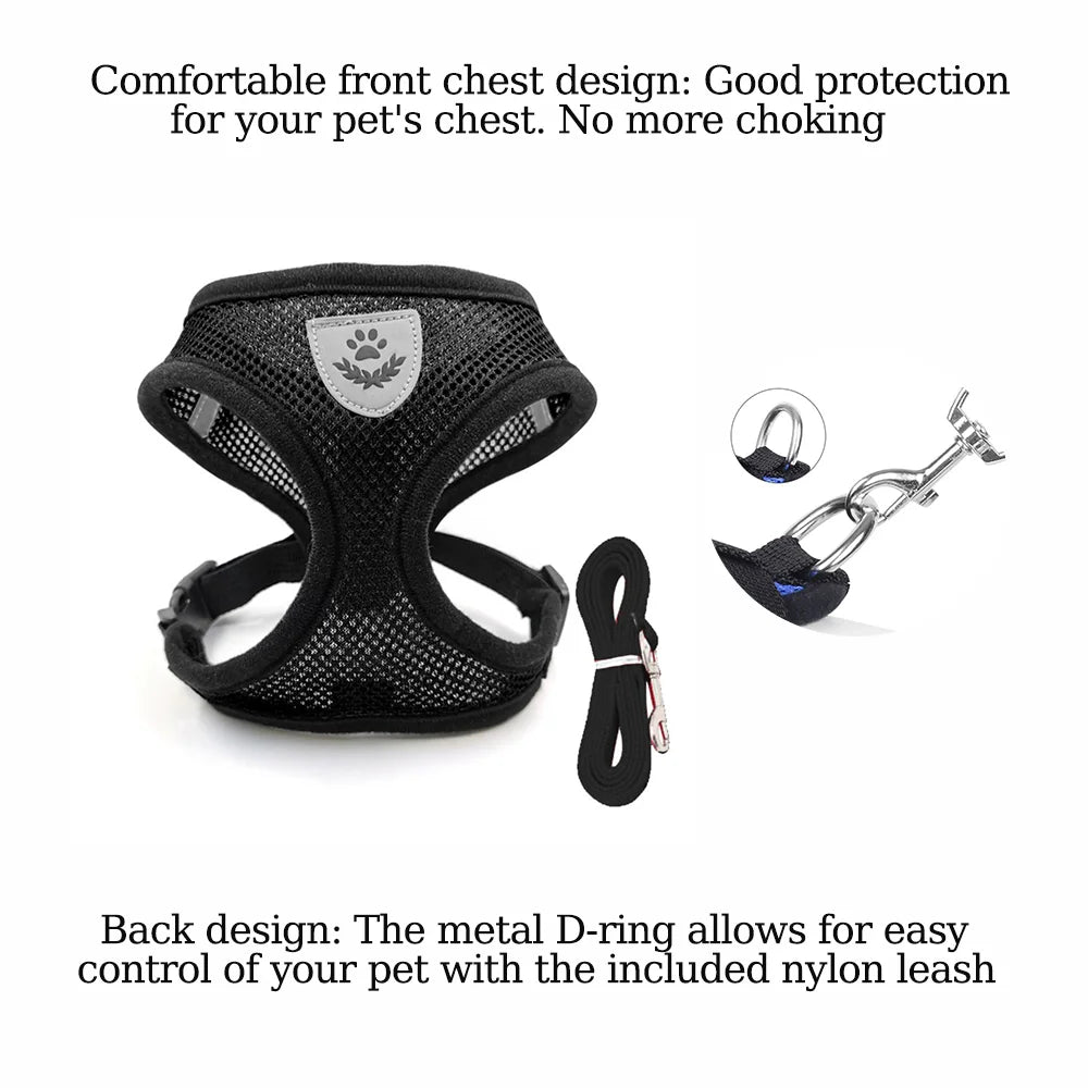 Adjustable Reflective Dog And Cat Harness Leash Walking Set