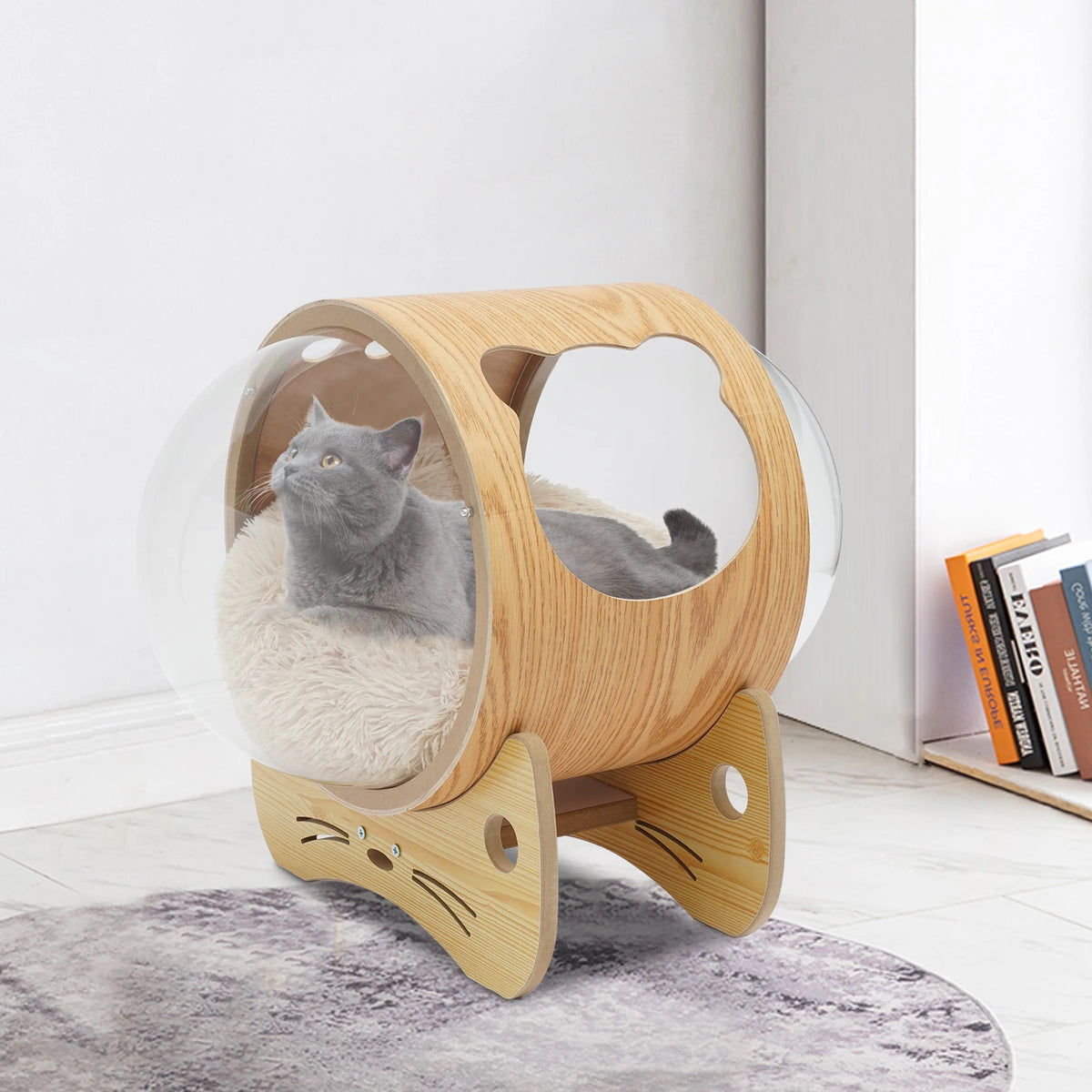 Cat Wooden Modern Pet Bed 23.6x18.9in, Spaceship Capsule Cat House with Cushion, 18.74lbs Capacity for Cats