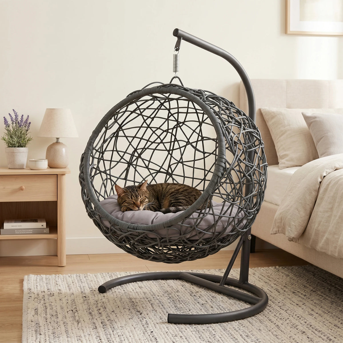 Rattan Wicker Cat Swing Bed With Hanging Stand And Cushion