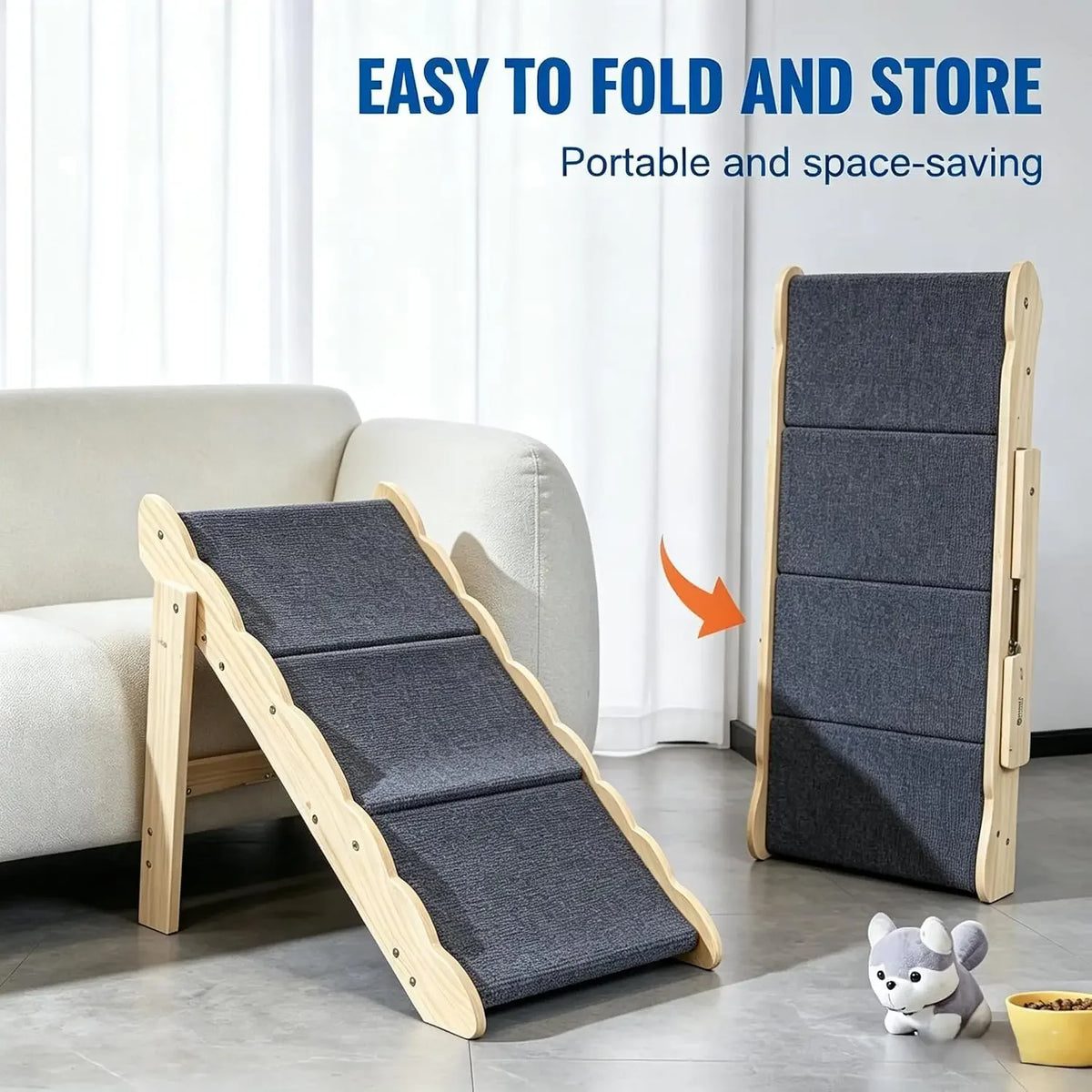 Garvee 2 in 1 3-Step Wooden Dog Stairs for Bed, Couch, Car Non-Slip Pet Steps for Dogs Puppy Ramp Folds Flat Perfect for Medium and Small Dogs Cats Holds 150 lbs
