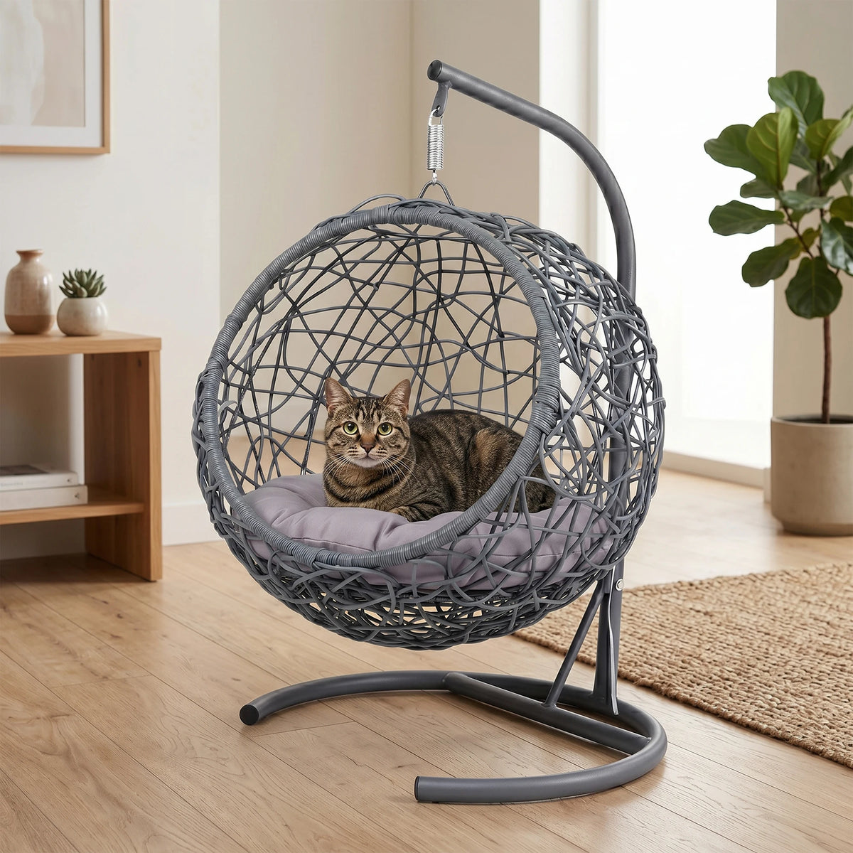 Rattan Wicker Cat Swing Bed With Hanging Stand And Cushion