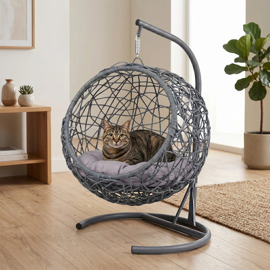 Rattan Wicker Cat Swing Bed With Hanging Stand And Cushion