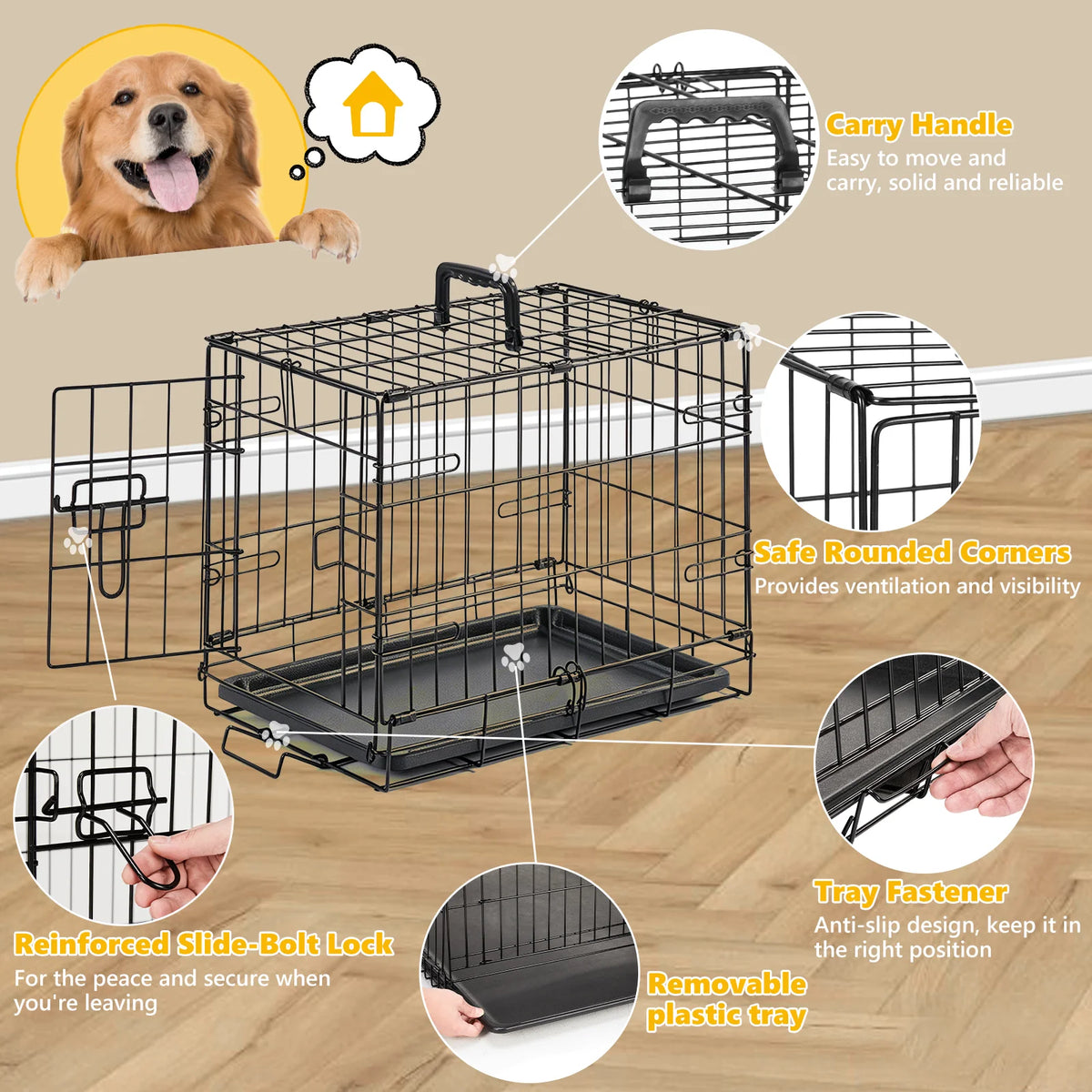 JHK Metal Dog Crate With Secure Lock And Removable Tray