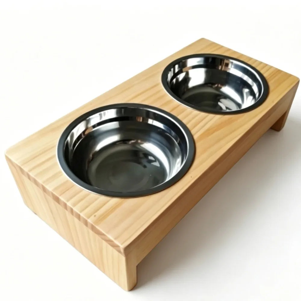 Wooden Elevated Dog Bowls With Stainless Steel Double Bowls