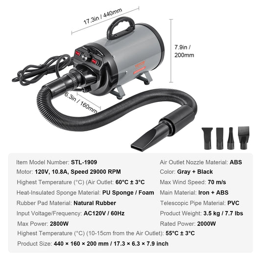 SucceBuy Powerful Pet Dryer With Adjustable Speed And Hose