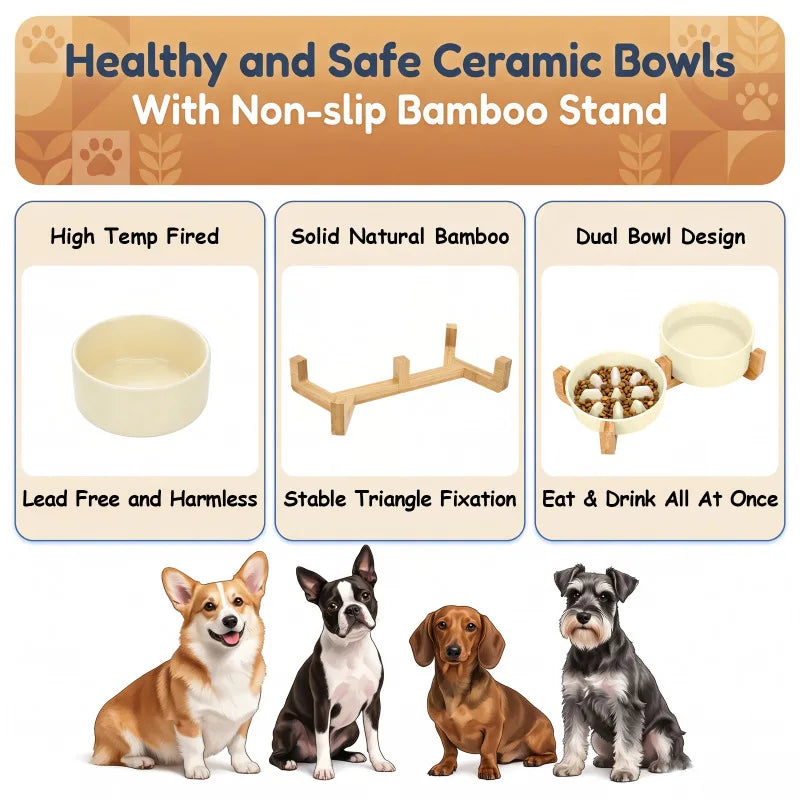 Elevated Ceramic Dog Bowls with Wooden Stand for Small To Medium Sized Dogs, Slow Feeder and Water Bowl Set, Dishwasher Safe, Non Slip Raised Pet Feeding Station, Cream White