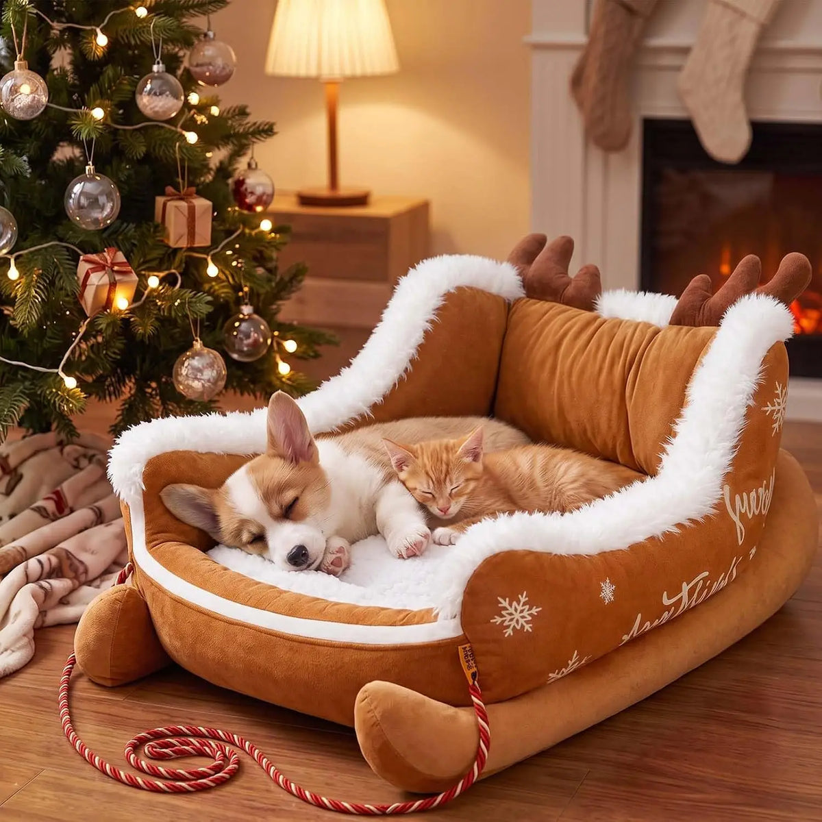 Christmas Dog Bed Sleigh, Santa Themed Calming Pet Sofa with Raised Sides, Soft Plush Winter Dog Sleigh Bed, Washable for Pets (Large)