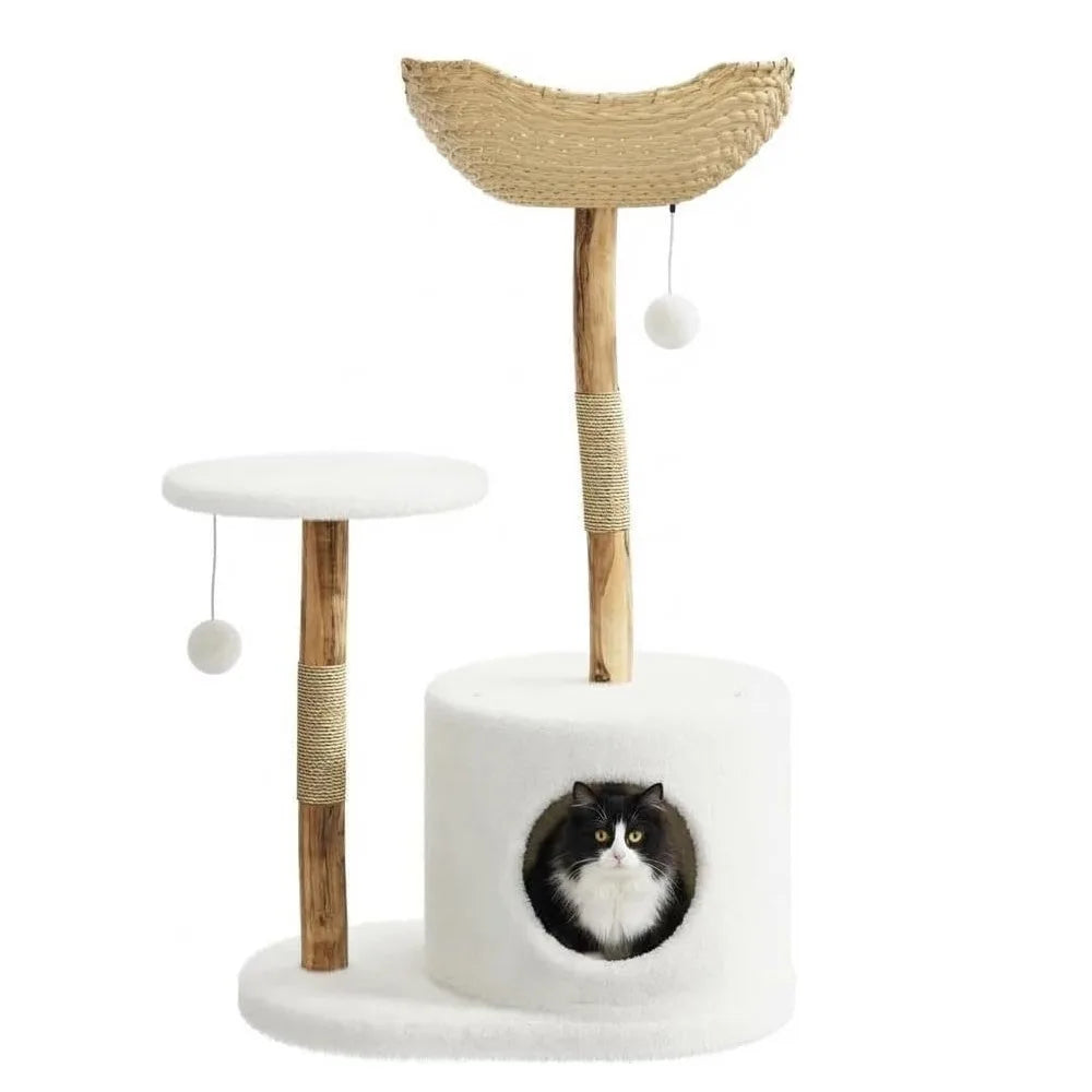 Wooden Cat Tree Tower With Rattan Perches Activity Center